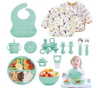 Vajilla Bebe Silicona, 14 Piezas Juegos de Vajilla Bebe Antideslizante con Platos Cuenco Babero Cuchara Bebe Taza, Cubiertos Bebe, Baby Led Weaning, Sin BPA, Cubiertos Infantiles (Menta)