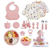 Vajilla Bebe Silicona, 14 Piezas Juegos de Vajilla Bebe Antideslizante con Platos Cuenco Babero Cuchara Bebe Taza, Cubiertos Bebe, Baby Led Weaning, Sin BPA, Cubiertos Infantiles (Rosa claro)