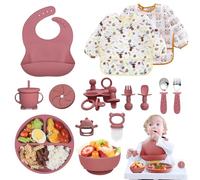 Vajilla Bebe Silicona, 14 Piezas Juegos de Vajilla Bebe Antideslizante con Platos Cuenco Babero Cuchara Bebe Taza, Cubiertos Bebe, Baby Led Weaning, Sin BPA, Cubiertos Infantiles (Rosa oscuro)