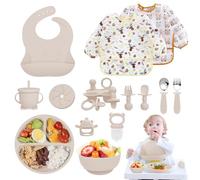 Vajilla Bebe Silicona, 14 Piezas Juegos de Vajilla Bebe Antideslizante con Platos Cuenco Babero Cuchara Bebe Taza, Cubiertos Bebe, Baby Led Weaning, Sin BPA, Cubiertos Infantiles (Beige)
