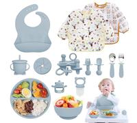 Vajilla Bebe Silicona, 14 Piezas Juegos de Vajilla Bebe Antideslizante con Platos Cuenco Babero Cuchara Bebe Taza, Cubiertos Bebe, Baby Led Weaning, Sin BPA, Cubiertos Infantiles (Azul)