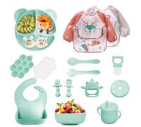 Vajilla Bebe Silicona, 14 Piezas Vajilla de Silicona para Bebés Antideslizante, Cubiertos Bebe para Comer Destete, Con Baberos Taza Plato Cuenco, Juegos de Vajilla Bebe, Sin BPA (Menta)