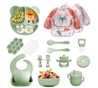 Vajilla Bebe Silicona, 14 Piezas Vajilla de Silicona para Bebés Antideslizante, Cubiertos Bebe para Comer Destete, Con Baberos Taza Plato Cuenco, Juegos de Vajilla Bebe, Sin BPA (Verde oscuro)
