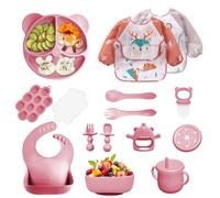 Vajilla Bebe Silicona, 14 Piezas Vajilla de Silicona para Bebés Antideslizante, Cubiertos Bebe para Comer Destete, Con Baberos Taza Plato Cuenco, Juegos de Vajilla Bebe, Sin BPA (Rosa oscuro)