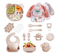Vajilla Bebe Silicona, 14 Piezas Vajilla de Silicona para Bebés Antideslizante, Cubiertos Bebe para Comer Destete, Con Baberos Taza Plato Cuenco, Juegos de Vajilla Bebe, Sin BPA (Beige)