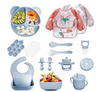 Vajilla Bebe Silicona, 14 Piezas Vajilla de Silicona para Bebés Antideslizante, Cubiertos Bebe para Comer Destete, Con Baberos Taza Plato Cuenco, Juegos de Vajilla Bebe, Sin BPA (Azul)