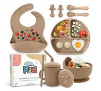 vajilla bebe silicona, Ideal como regalo bebe, Set comida bebe con plato ventosa cubiertos Infantiles ergonómicos y vaso, Kit vajilla 1 año sin BPA, Seguro, bonito y fácil de limpiar (Beige)