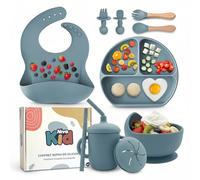 vajilla bebe silicona, Ideal como regalo bebe, Set comida bebe con plato ventosa cubiertos Infantiles ergonómicos y vaso, Kit vajilla 1 año sin BPA, Seguro, bonito y fácil de limpiar (Azul)