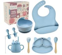 Vajilla bebe silicona | Plato bebe ventosa + 4 cubiertos bebe + bol ventosa + babero bebe + vaso aprendizaje bebe | Set completo de vajilla infantil ideal para BLW | Regalo bebe, Libre de BPA