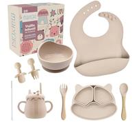 Vajilla bebe silicona | Plato bebe ventosa + 4 cubiertos bebe + bol ventosa + babero bebe + vaso aprendizaje bebe | Set completo de vajilla infantil ideal para BLW | Regalo bebe, Libre de BPA