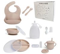 Vajilla Bebé Silicona Set 7 Piezas con Plato Dividido y Cuenco con Tapas Vaso Antigoteo Babero Cuchara y Tenedor con Biberón Dosificador Sin BPA Caja Ideal para Regalo