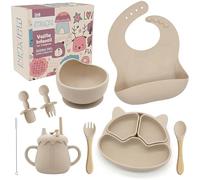 Vajilla Bebé Silicona - Set Completo BLW con Plato y Bol con Ventosa, Babero, Vaso Aprendizaje y 4 Cubiertos | Vajilla infantil a partir de 6 Meses | Regalo Bebé Libre de BPA - MAIXCHEL
