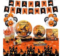 Vajilla Completa Halloween para 16 personas - 148 Piezas. Vajilla Halloween Decoración Fiesta con Platos Vasos Servilletas Cubiertos Globos Mantel Guirnalda Happy Hallowen Accesorios Fiesta Terror