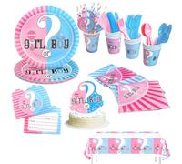Vajilla Completa Revelacion Genero Bebe. Vajilla decoración revelación de género. 130pcs -16 invitados fiesta revelacion de genero. Gender Reveal Party Decoration con Mantel, Topper, Invitaciones
