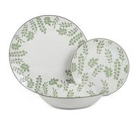 Vajilla de 18 Piezas de Porcelana Blanca con Hojas en Verde 27x27x4 cm