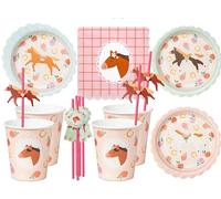 Vajilla de 48 piezas, diseño de pony, caballos dulces, cumpleaños, niñas, niños, fiestas, cumpleaños infantiles, adultos, vajilla de cartón, caballo, jinete, para 12 personas