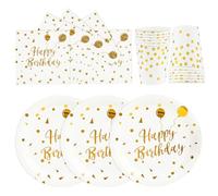 Vajilla de 72 piezas para fiesta de cumpleaños, Happy Birthday Blanco Oro Cumpleaños Fiesta Vajilla Vasos Servilleta Platos Juego de Platos de Papel para Niñas Niños Decoración de Mesa -24 Invitados