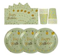 Vajilla de 72 piezas para fiesta de cumpleaños, Happy Birthday Verde Salvia Dorado Fiesta de Cumpleaños Vajilla Vasos Servilleta Platos de Papel Set para Niñas Niños Decoración de Mesa -24 Invitados