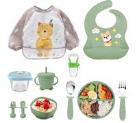 Vajilla de Bebé Silicona, 10 piezas Juegos de vajilla infantil, Cubiertos con plato ventosa, Tenedor con mango de madera, Babero Set, Platos Bebe con Ventosa, Baby Led Weaning,Cubiertos Infantiles