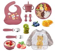 Vajilla de Bebé Silicona, 10 piezas Juegos de vajilla infantil, Cubiertos con plato ventosa, Tenedor con mango de madera, Babero Set Platos de Succión para Bebés, Juego de Platos Vajilla