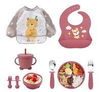 Vajilla de Bebé Silicona, 10 piezas Juegos de vajilla infantil, Cubiertos con plato ventosa, Tenedor con mango de madera, Babero Set Platos de Succión para Bebés, Juego de Platos Vajilla