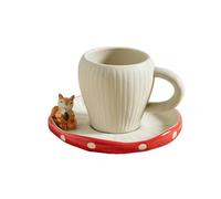 Vajilla de cerámica con forma de hongo rojo con forma de corazón para niña, bonita taza de café y platillo