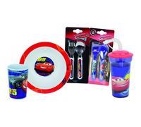 Vajilla de cristal - plato hondo, vaso pajita, 2 juegos de cubiertos infantiles Fun House Disney Cars TU