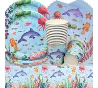 Vajilla de Cumpleaños de Animales del Océano,Doyomtoy 53 piezas Decoración de Mesa de Cumpleaños Océano Platos Cumpleaños Servilletas Vasos para Fiesta de Cumpleaños para Niños