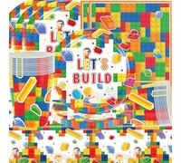 Vajilla de Cumpleaños de Bloques de Construcción,Doyomtoy Decoración de Mesa de Cumpleaños Bloques de Construcción Platos Servilletas Vasos para Fiesta de cumpleaños para niños 20 huéspedes