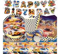Vajilla de Cumpleaños de Coche de Carreras,Doyomtoy 62 piezas Fiesta de Cumpleaños de Coches de Carrera Platos Cumpleaños Platos Servilletas Vasos para Fiesta de Cumpleaños para Niños