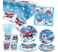 Vajilla de fiesta de avión, platos de cena, platos de postre, tazas, servilletas, mantel, pajitas para fiesta temática de avión, suministros de baby shower, sirve 20 (20)