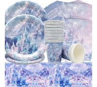 Vajilla de fiesta de copos de nieve,61Pz Traje de fiesta de cumpleaños,mantel de servilletas vasos de papel,adecuado para año nuevo,navidad,fiesta de invierno Vajilla festiva en forma de copo de nieve