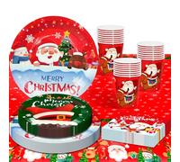 Vajilla de fiesta de Navidad, 65 unidades de platos de papel de Navidad para 16 invitados, vasos, servilletas, mantel para fiesta de Navidad