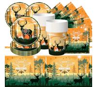 Vajilla de fiesta temática de camuflaje de caza, incluye platos, tazas, servilletas, manteles en total 61 unidades, adecuado para una fiesta de 20 personas