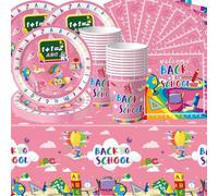 Vajilla de fiesta temática escolar, fiesta escolar con pancarta rosa, juego de platos de papel, vasos de papel, servilletas de papel y manteles, adecuado para fiestas de cumpleaños para 20 personas