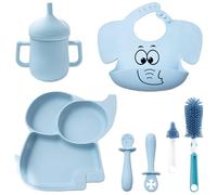Vajilla de Silicona Bebé | Plato con Ventosa | Vaso de Aprendizaje Antiderrame | Cucharas para Aprendizaje BLW | Babero de Silicona Ajustables | Cepillos Limpia Biberones | 7 piezas | Diseño Elefante