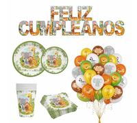 Vajilla Decoracion Cumpleaños Completa Selva - Pack Cumpleaños 30 invitados Platos Desechables Elegantes, Vasos, Servilletas, Guirnalda Feliz Cumpleaños Pancarta y 30 Globos Fiesta happy birthday