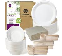 Vajilla Desechable de 300 pcs para 50 personas, Platos desechables y cuencos de Caña de Azúcar,Cubiertos desechables de Madera, Para Cumpleaños infantil,fiestas y barbacoas