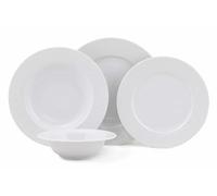 Vajilla elegante de 24 piezas, 100% porcelana, color blanco, incluye platos, cuencos y platos de postre, apto para lavavajillas y microondas