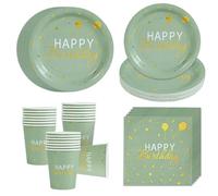 Vajilla Fiesta Cumpleaños - 96 Piezas Verde Salvia Vajilla Desechable, Reciclable Platos de Papel Tazas y Servilletas para Decoración de Fiesta de Feliz Cumpleaños Infantil Niños Niñas(24 Invitados)