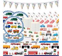 Vajilla infantil para fiesta temática de coche, camión de construcción, pala de construcción, vajilla de fiesta, incluye banderas triangulares, platos de papel, vasos de papel, servilletas de papel y