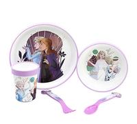 Vajilla infantil reutilizable antideslizante con base de silicona bicolor compuesto de plato, cuenco, vaso y cubiertos en caja de Frozen