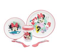 Vajilla infantil reutilizable antideslizante con base de silicona bicolor compuesto de plato, cuenco, vaso y cubiertos en caja de Minnie Mouse