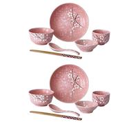Vajilla Japonesa de Cerámica Rosa para Sopa y Frutas, 12 Piezas | Incluye Plato, Cuenco, Taza, Cuchara y Palillos, Diseño Delicado y Elegante, Regalo Preparado