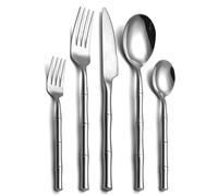 Vajilla Juego de Cubiertos con Mango de bambú de 30 Piezas Juego de Cubiertos Cuchillo para bistec de Acero Inoxidable Juego de Tenedores para Servir a 6 Personas Lavavajillas Servicio de Cena dispo