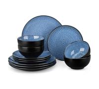 Vajilla Juego de vajilla cerámica 12 piezas, juego platos gres con 4 cena, postre y cuencos cereales, servicio for personas para la Cocina(Blue 12 Piece)