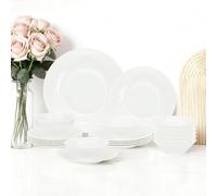 Vajilla para 6 personas, 24 piezas, vajilla de porcelana, juego de 8 platos llanos, platos de postre, cuencos de cereales, ensaladera, servicio combinado, blanco, relieve a rayas verticales