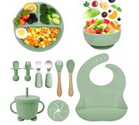 Vajilla para Bebés de Silicona,11 Piezas Vajilla de Silicona Plato Bebe Ventosa,Baby Led Weaning,Cubiertos Infantiles Tazón de Platos,Cuchara de Babero,Tenedor,Taza de agua potable-Libre BPA (Verde)
