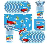 Vajilla Para Fiestas Cielos Azules, Nubes Blancas y Aviones, Incluye Platos, Vasos, Servilletas, Manteles, Pajitas, Ideal Para una Fiesta de Cumpleaños de 20 Personas