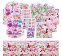 Vajilla Para Fiestas Infantiles Rosa, Vajilla Para Fiestas Que Incluye Platos, Vasos, Toalla de Papel, Mantel 61 Piezas en Total, Adecuada Para 20 Fiestas de Cumpleaños Infantiles